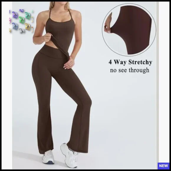 Padded Tank Top Flare Leggings Workout Set Silky Smooth Slim Fit Pilates Outfit - Picture 3 of 7